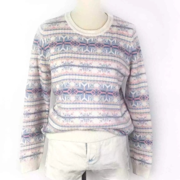 LE TIGRE Pink Blue Pastel Nordic Fair Isle Snowflake Crew Neck Sweater Wool S - Picture 2 of 9